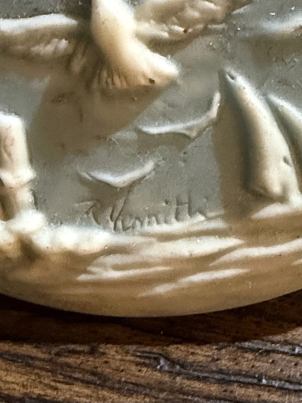 Blue Oval Soapstone Trinket Box White Nautical Scene in Relief Signed R Nemith
